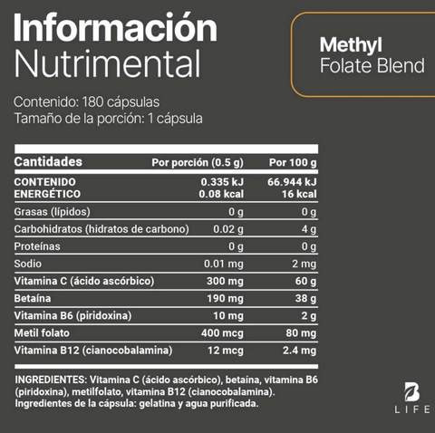 Methyl Folate Blend Mezcla a base de Metilfolato, Vitamina C, Vitamina B6 y B12  | Blife